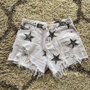 Bright White Denim Shorts With Faded Blue Stars